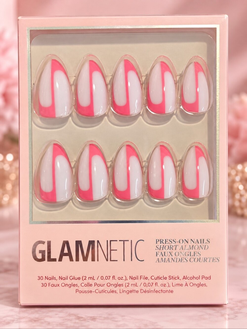 Glamnetic Press-On Nails Short Almond Pink White Retro Design 30 Nails New